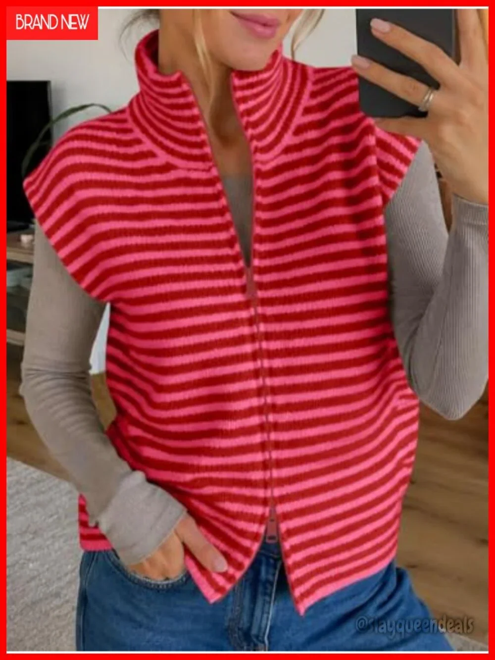 Women's Striped Zip Up Cardigan Sweater Mock Neck Cap Sleeve Knit Vest